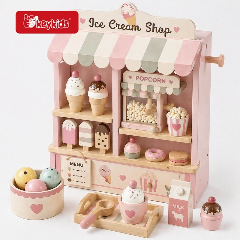 2026 New Wooden Ice Cream Shop Pretend Play Toy Set with Popcorn Machine and Dessert Accessories for Kids W10A335